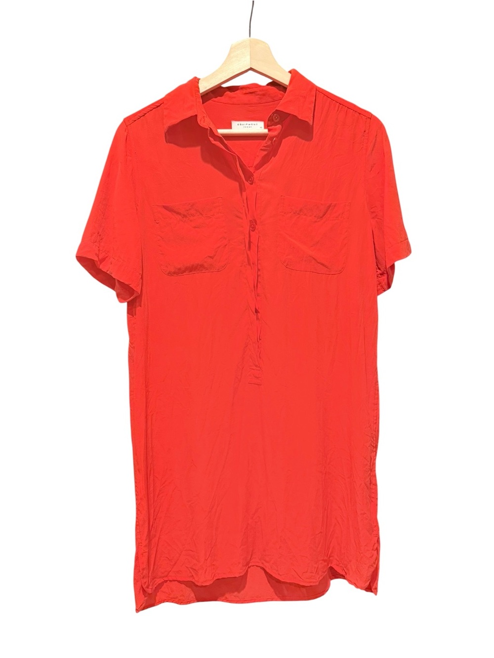 Equipment Femme Red Silk Short Sleeve Shirt Dress XS Utility Pockets Work Wear